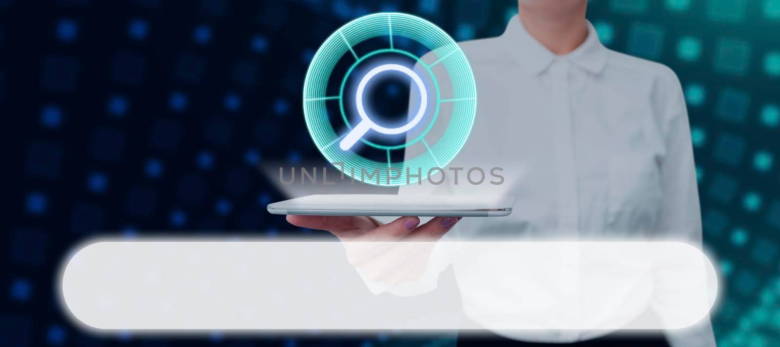 Businesswoman Holding Tablet Showing Digitally Generated Search Bar Symbol. Woman With Pad In Hand Exploring Modern Technology And Showing Research And Development. by nialowwa