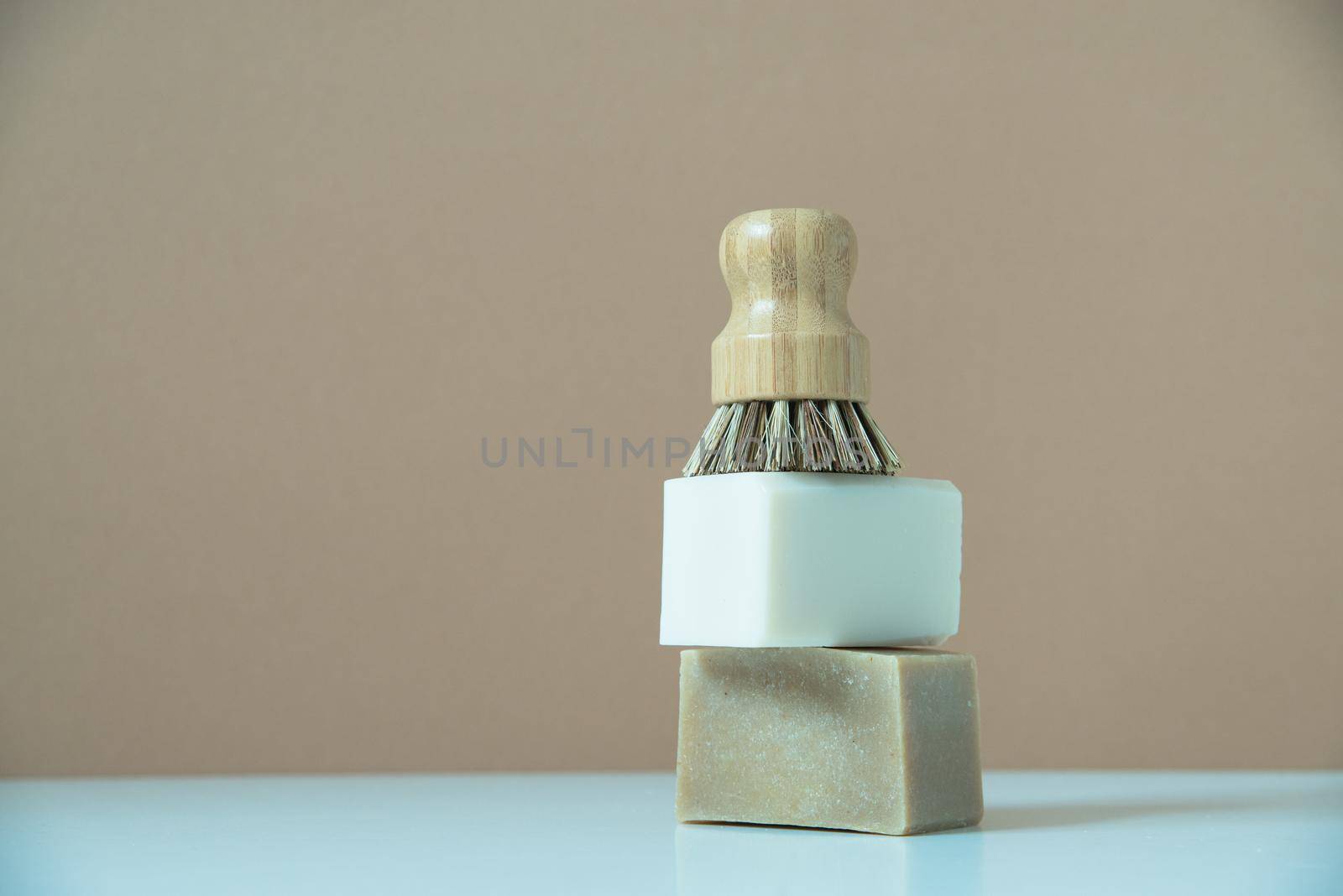 zero waste bamboo brush with soap for dishwashing . High quality photo