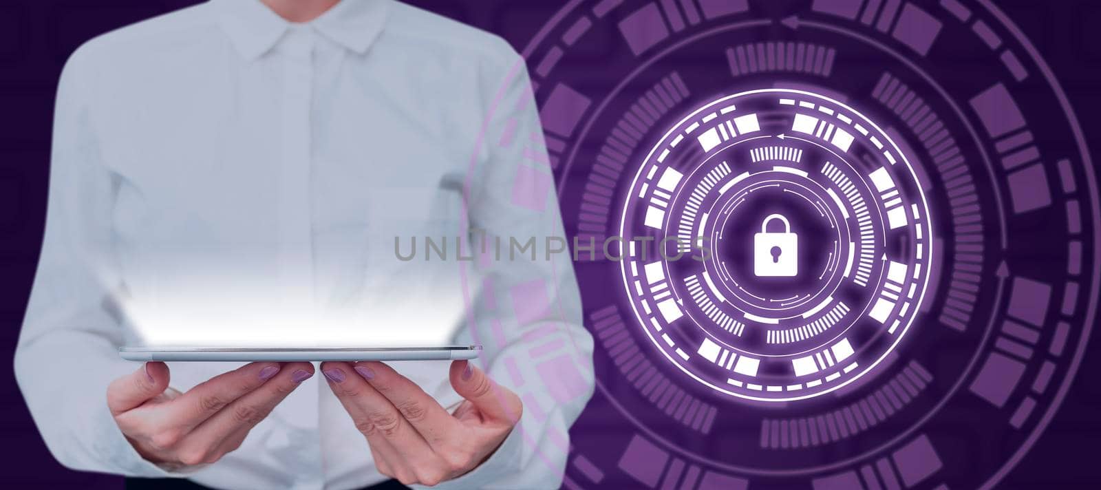 Businesswoman Holding Tablet By Futuristic Shield Protected Lock Presenting Modern Technology. Elegant Woman Introducing Ideas For Data And Network Security. by nialowwa