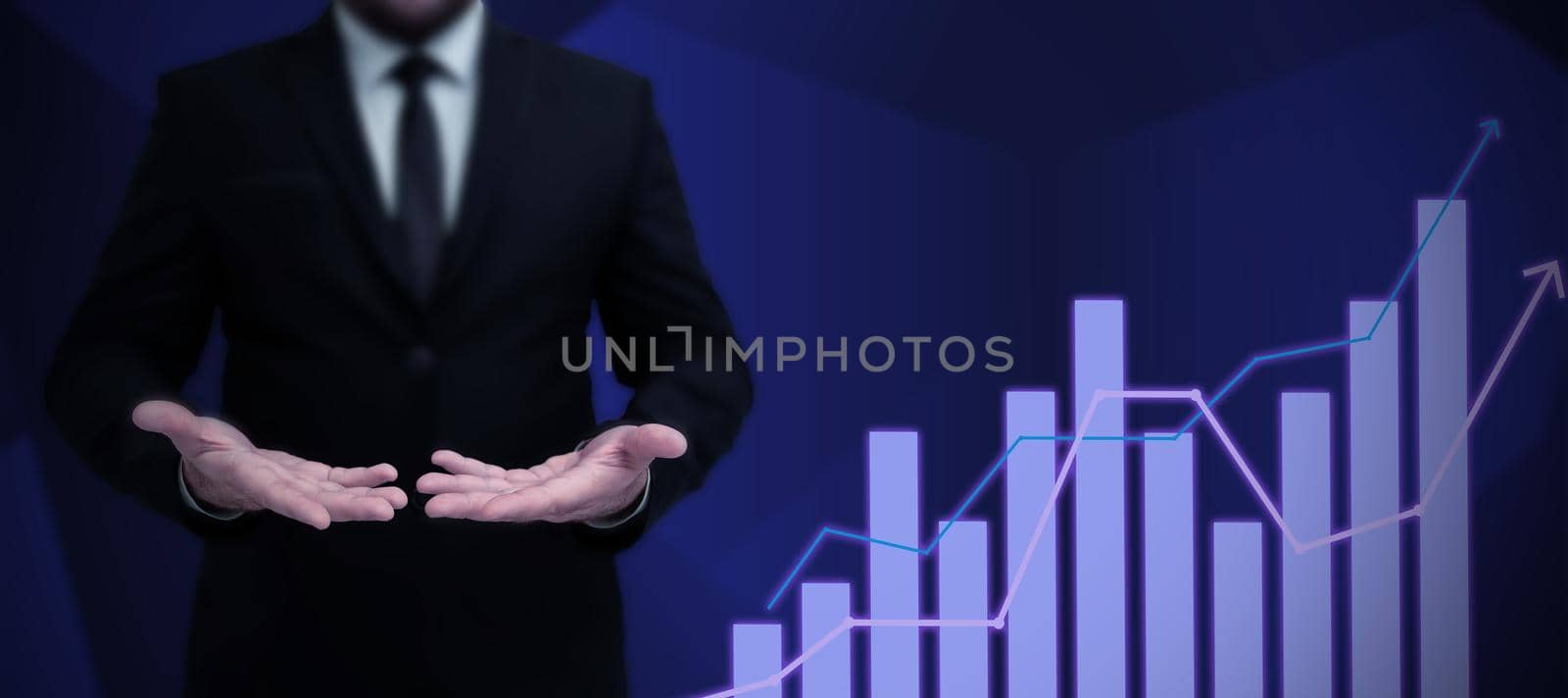 Businessman in suit holding open palm symbolizing successful teamwork accomplishing newest project plans. Man reaching hand out representing combined effort management. by nialowwa