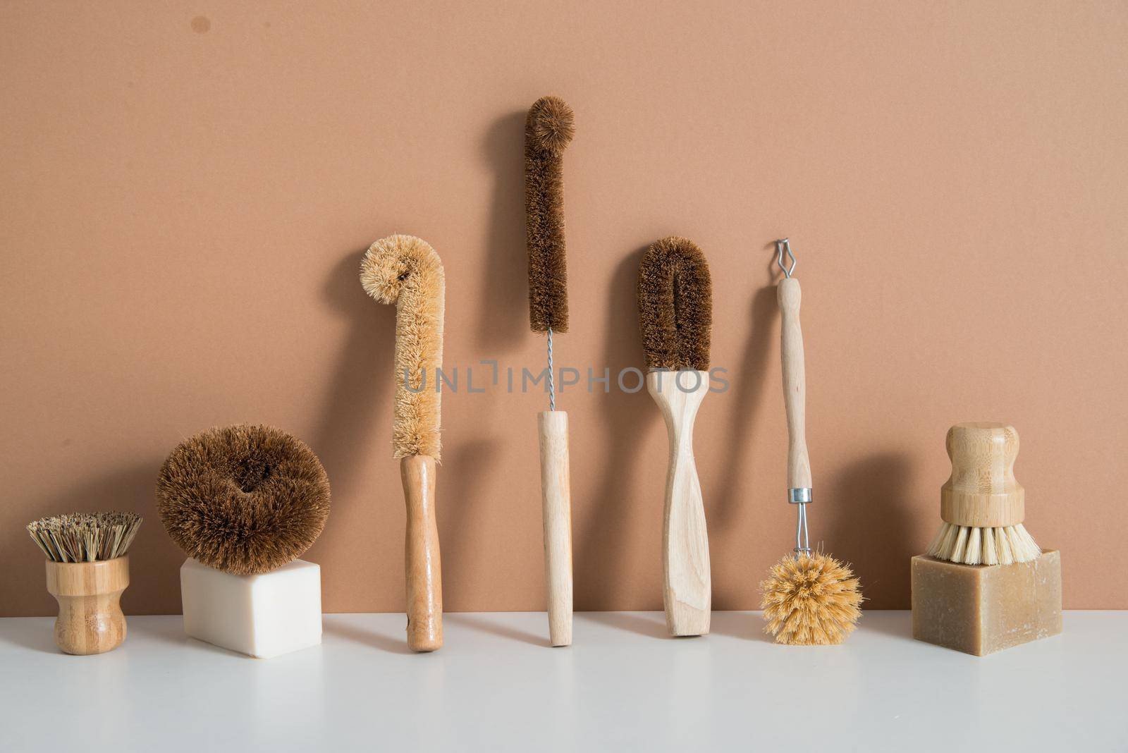 set of zero waste bamboo brushes for dishwashing. High quality photo