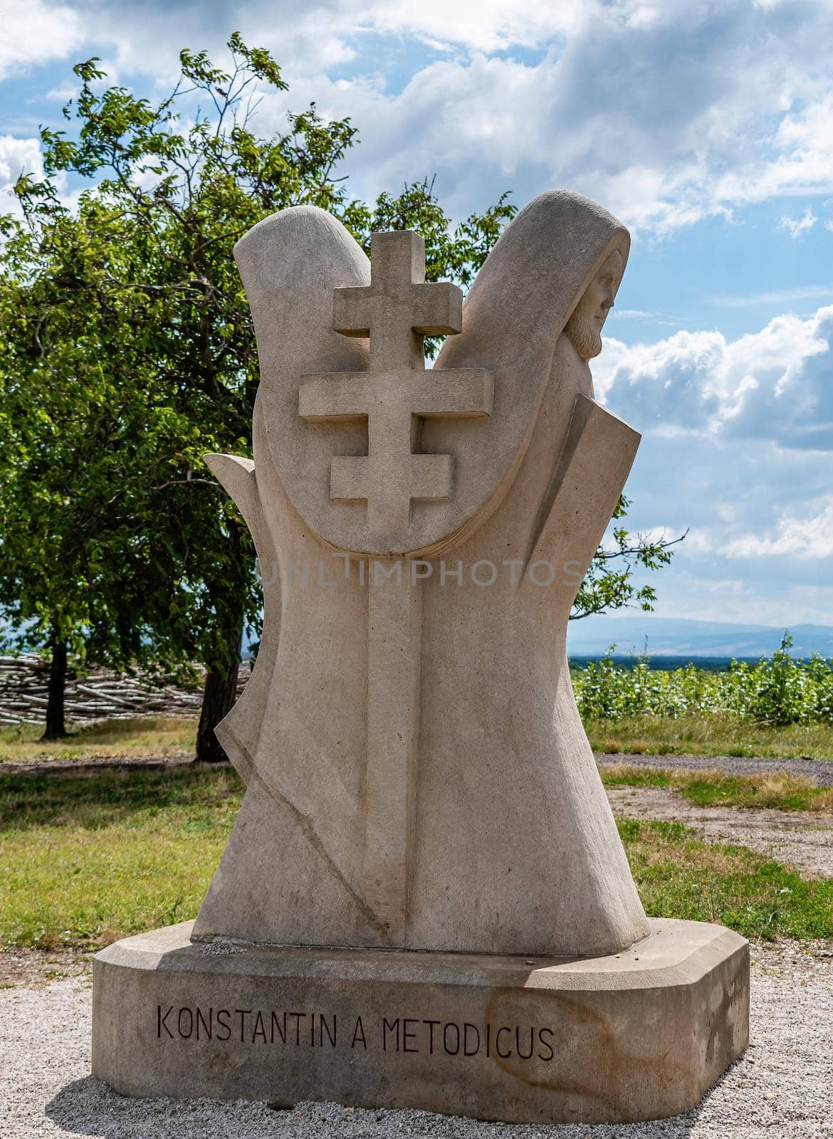 Ratiskovice, Czech Republic - July 7 - The mythical hill of Naklo near Ratiskovice Saints Cyril and Methodius with a double-armed cross at the pilgrimage site on Naklo hill near Ratiskovice
