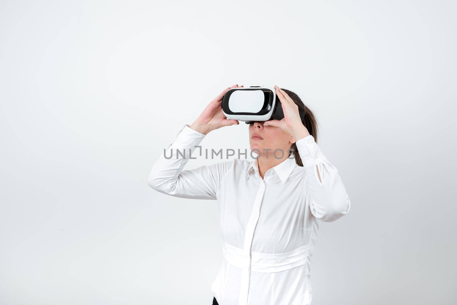 Standing Woman Wearing Vr Glasses Presenting Important Messages.