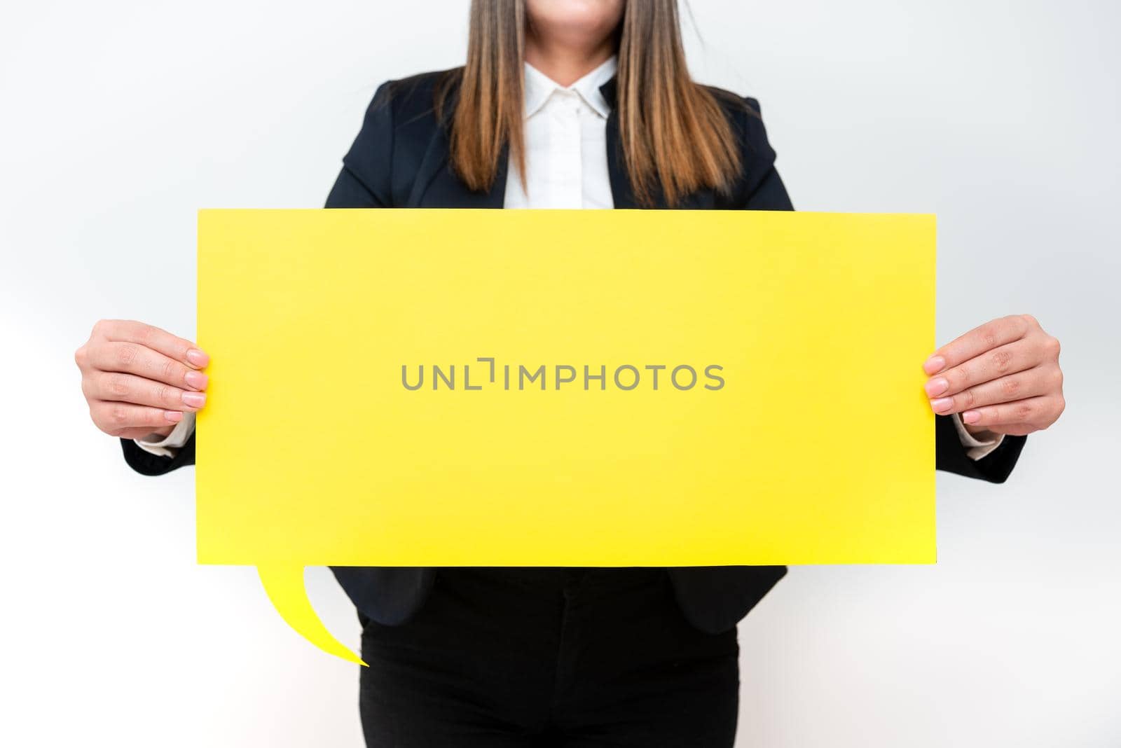 Businesswoman Holding Speech Bubble With Important Messages.