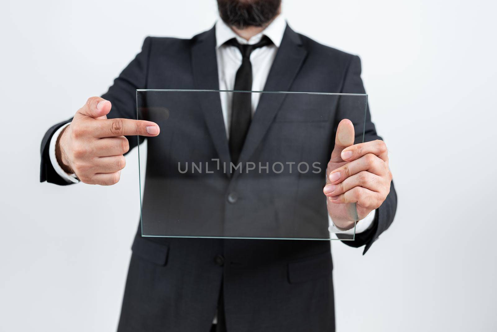 Businessman Holding Transparent Glass And Promoting The Company Brand.