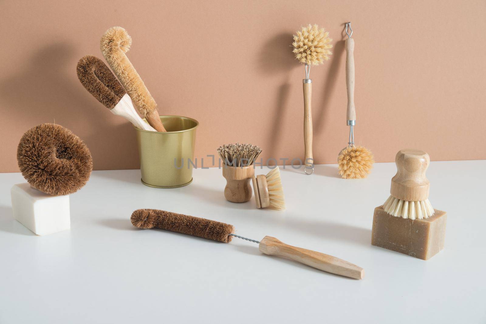 set of zero waste bamboo brushes for dishwashing. High quality photo