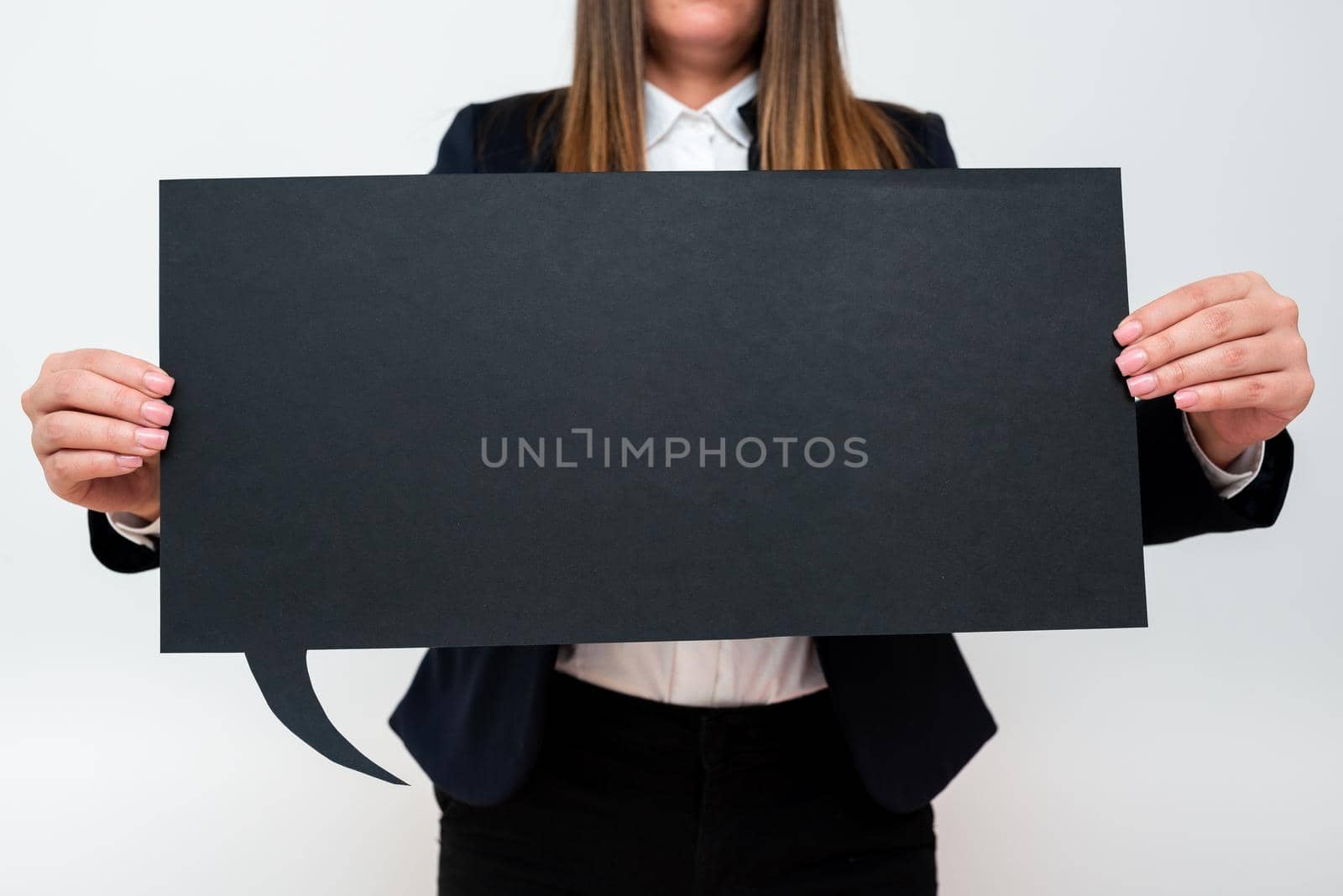 Businesswoman Holding Speech Bubble With Important Messages.