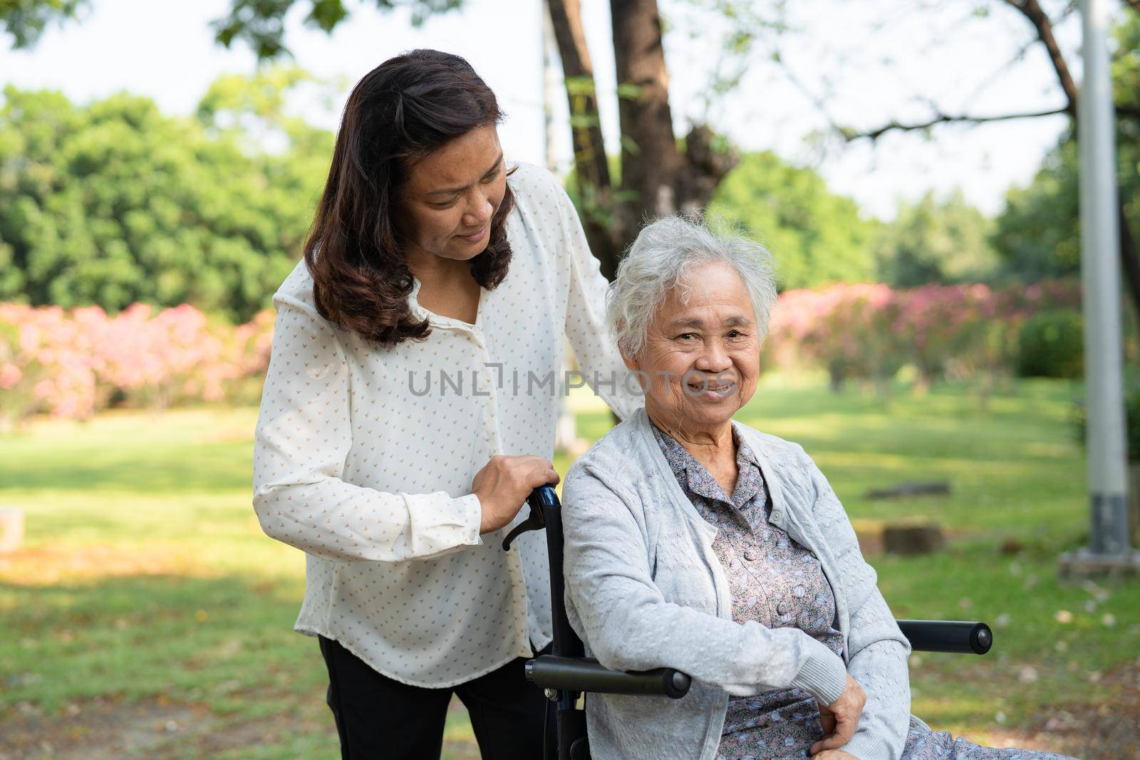 Caregiver help and care Asian senior or elderly old lady woman patient sitting and happy on wheelchair in park, healthy strong medical concept. by pamai