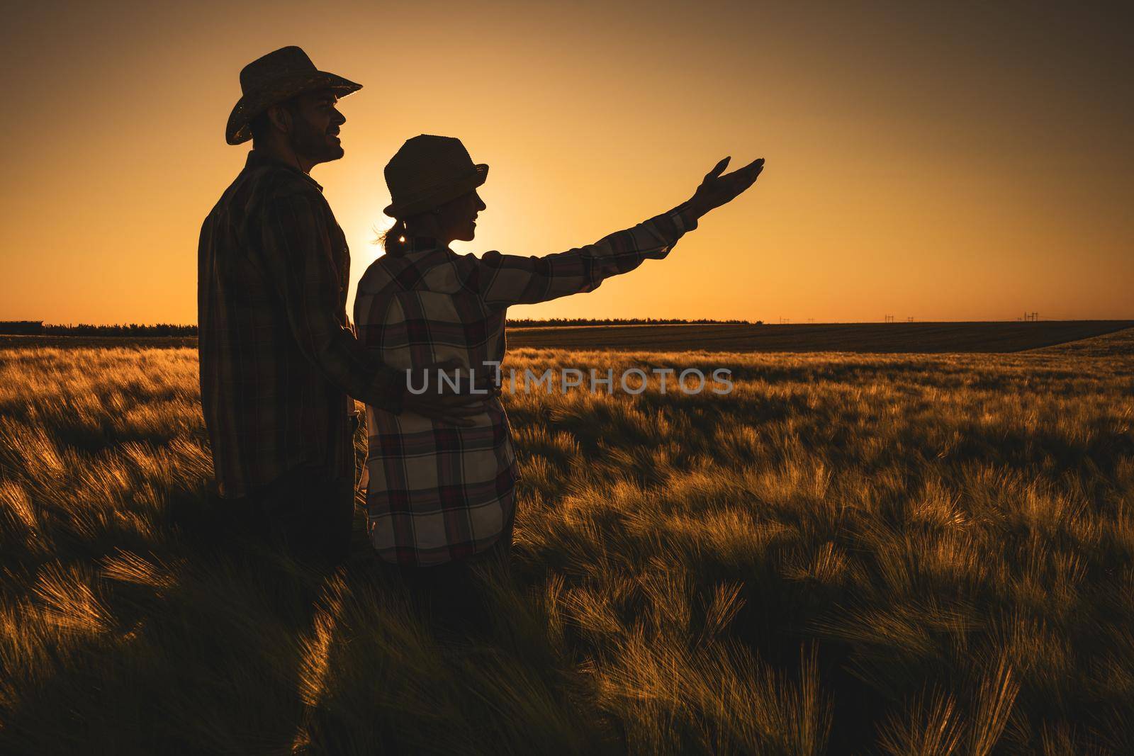 Man and woman are working together in partnership. They are cultivating barley.