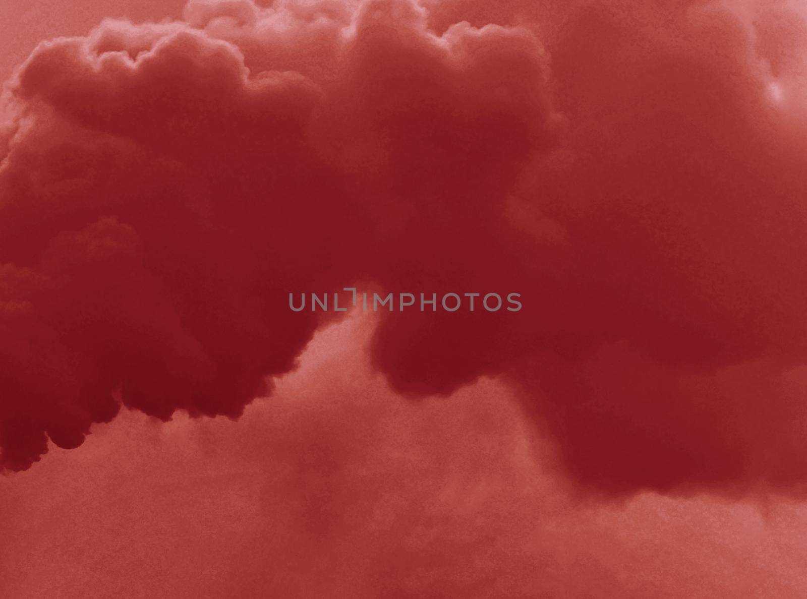 Abstract background of red smoke infecting the environment. Plant emits smoke smog chimneys in cloudy fog.