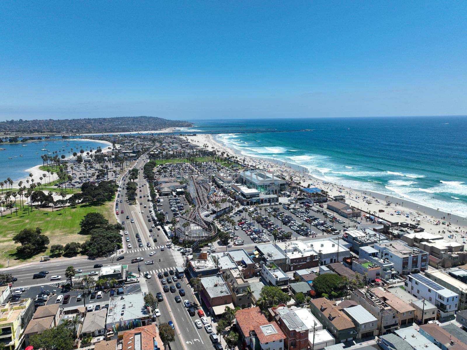 Aerial view of Mission Bay and beach in San Diego, California. USA. Famous tourist destination