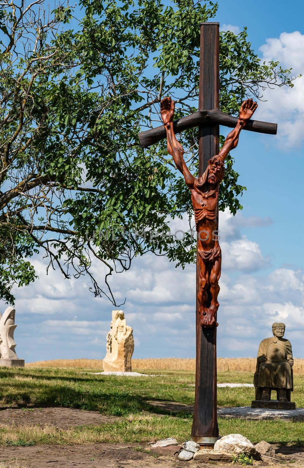 Ratiskovice, Czech Republic - July 7 - The mythical hill of Naklo near Ratiskovice Christ on the cross installed by the Royal Order of Moravian Knights on Naklo hill in Ratiskovice