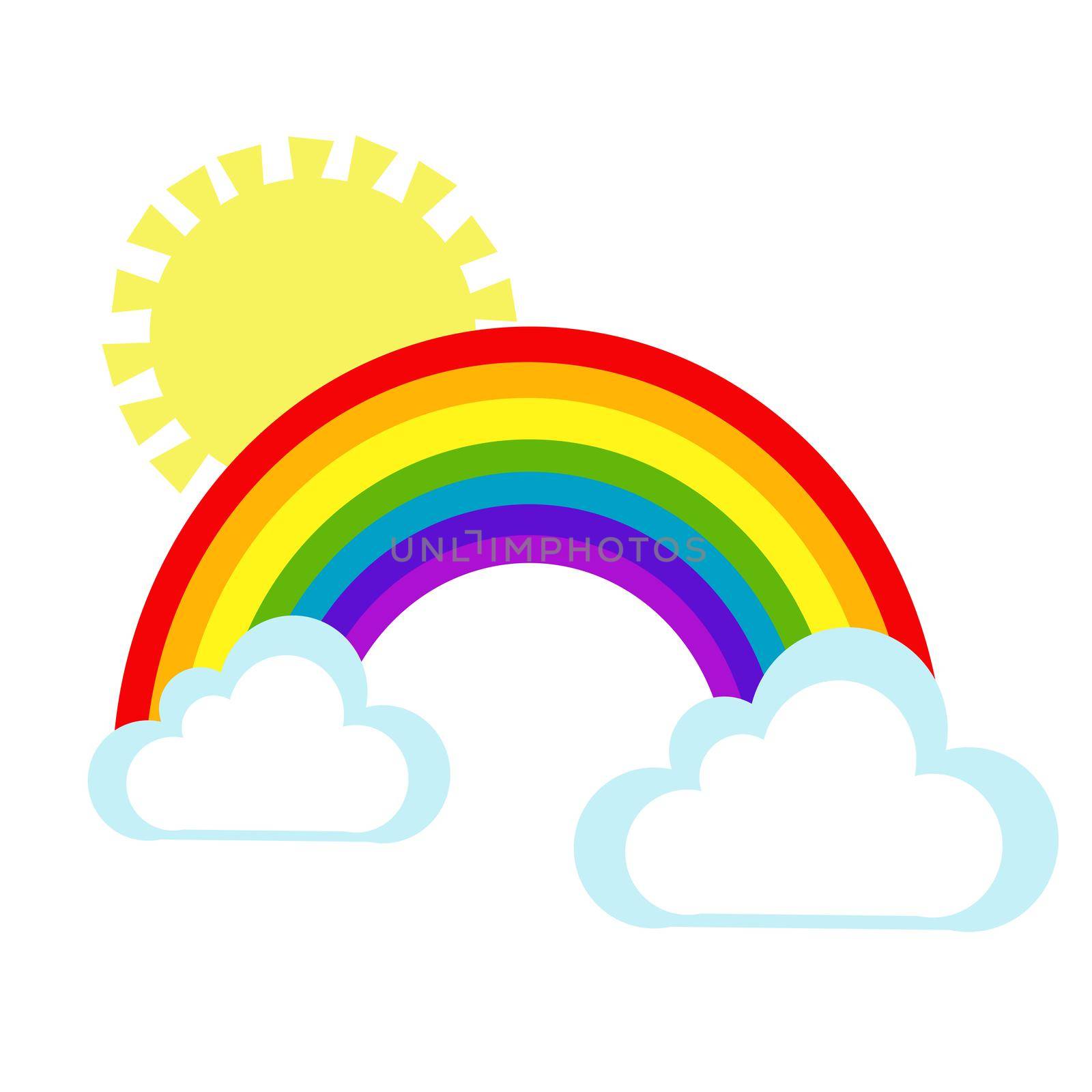 Flat cartoon illustration of rainbow with sun and clouds