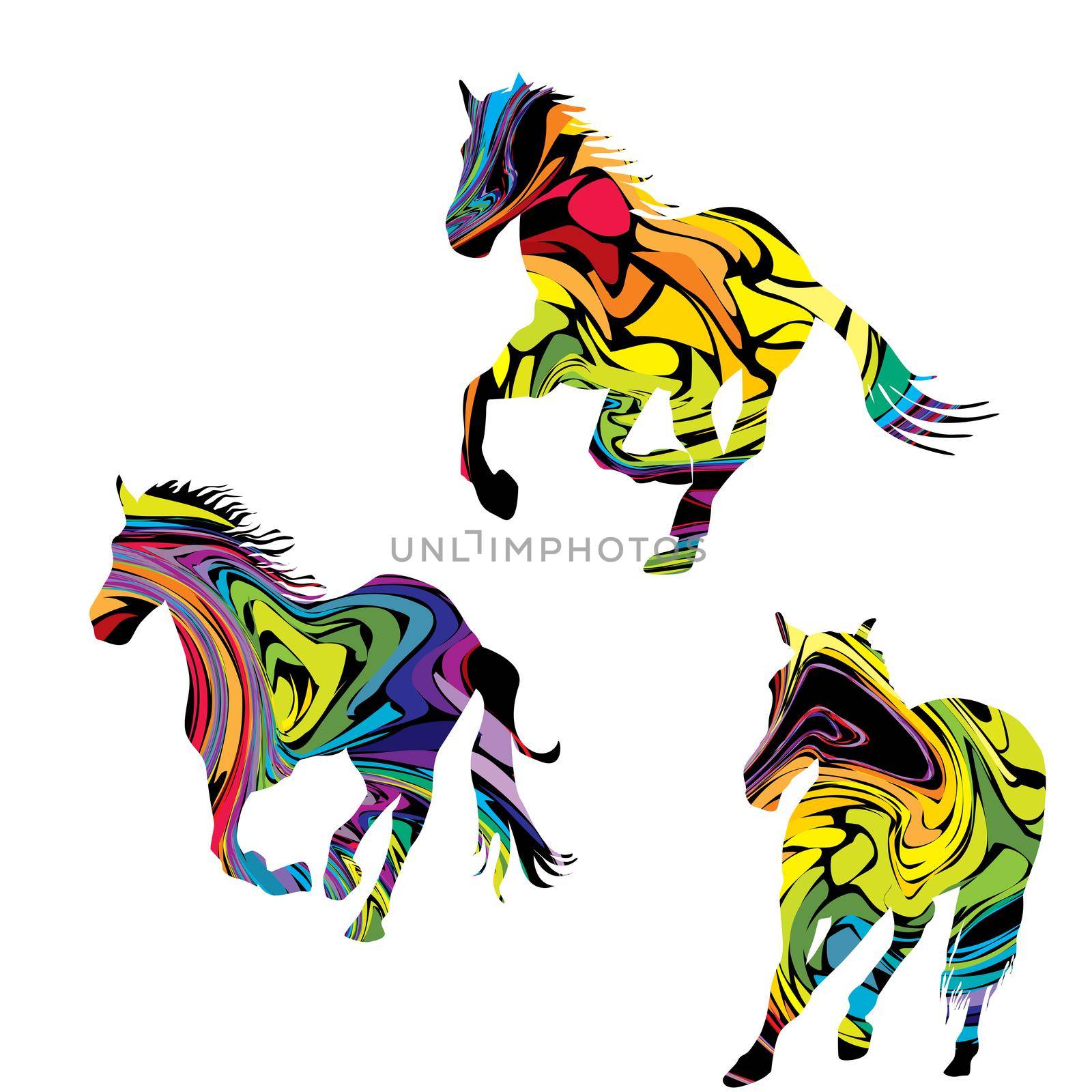 Colorful abstract silhouettes of three galloping horses