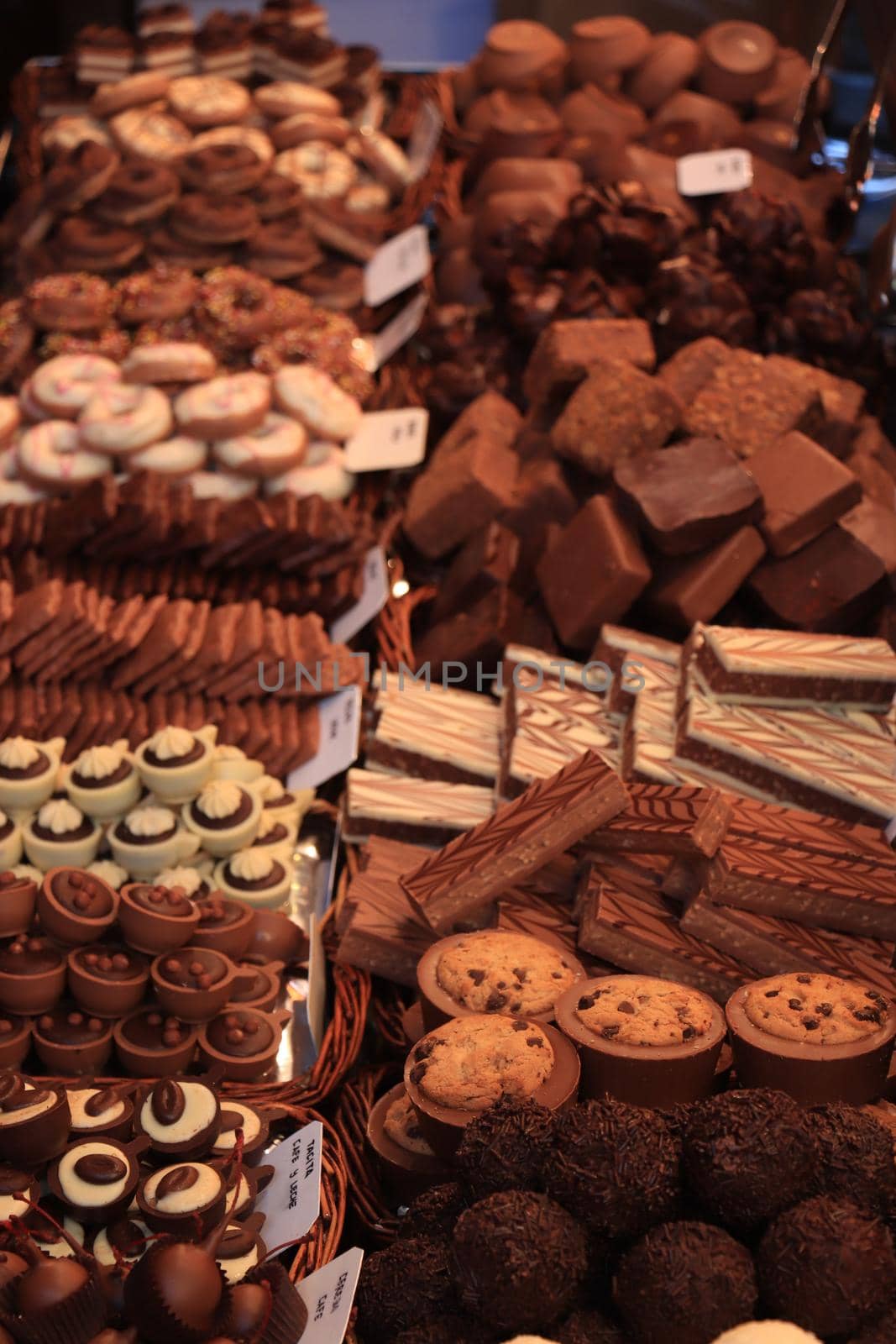 Luxurious chocolate pralines at a market in Barcelona, Spain