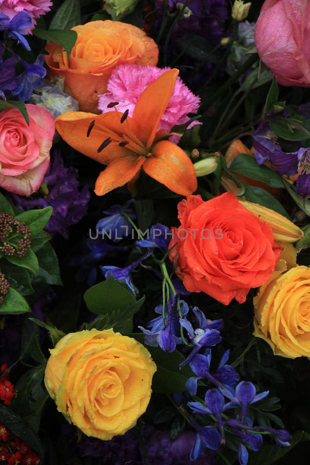 Mixed colorful flowers in a floral wedding decoration