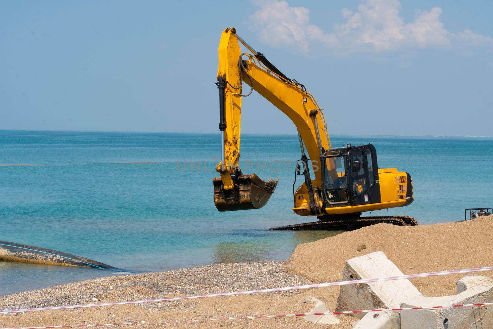 Excavator loading quarry truck dump tractor machinery machine loader heavy, from backhoe soil for dig and sky work, bucket crawler. Mud rotate yellow, by 89167702191