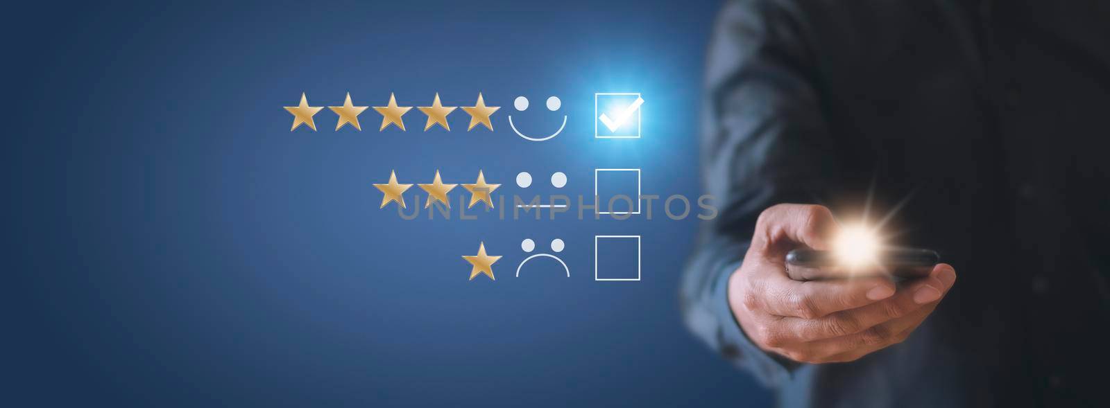 Businessman touching the virtual screen check mark joyful Smile face icon to give happiness in service. Customer service and satisfaction concept. Very impressed with the rating.