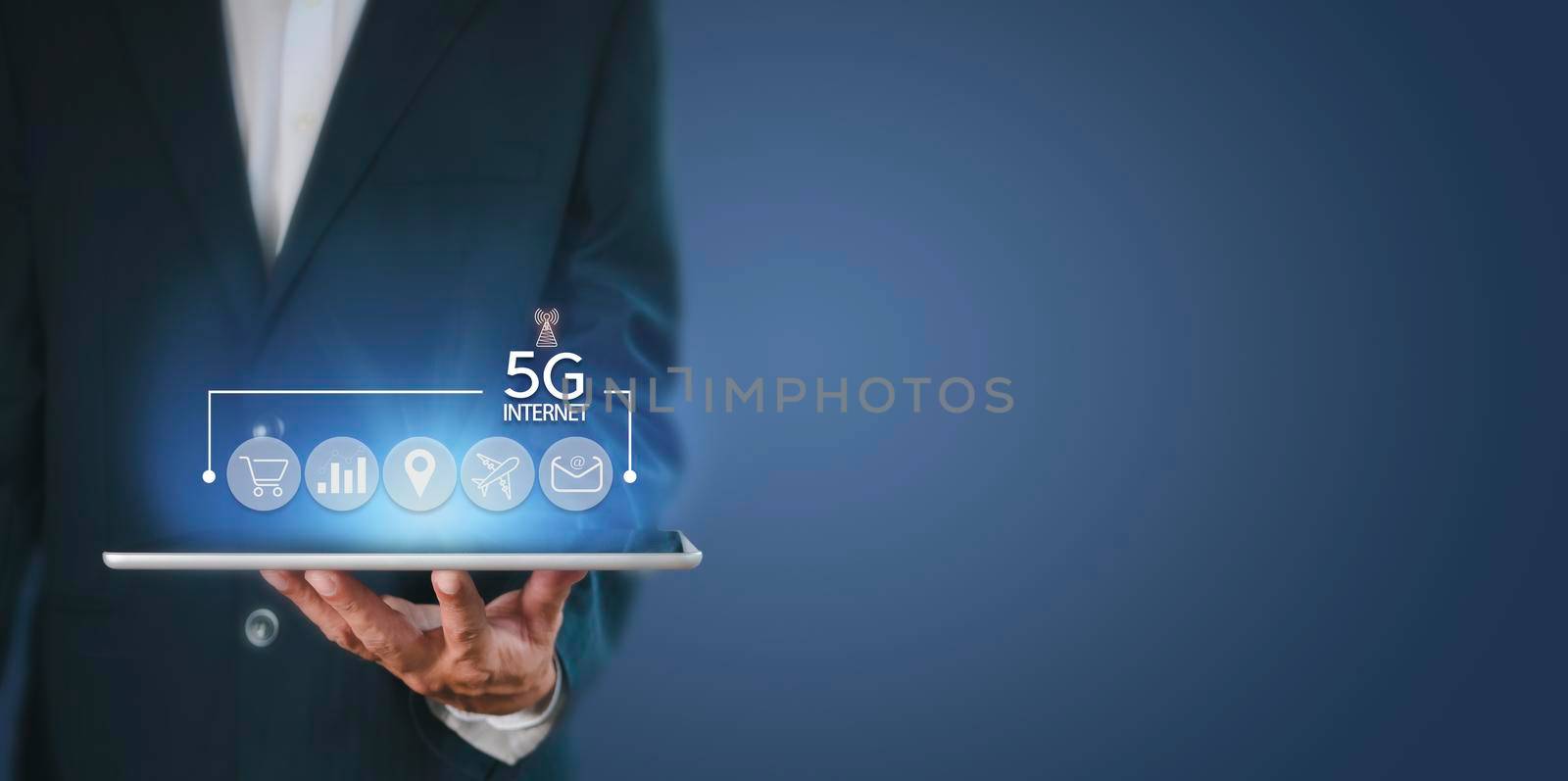 Business network communication concept. 5G Network Internet Mobile Wireless. 5g internet connects all activities in your hands shopping, finance, travel, location, contact, etc with copy space banner