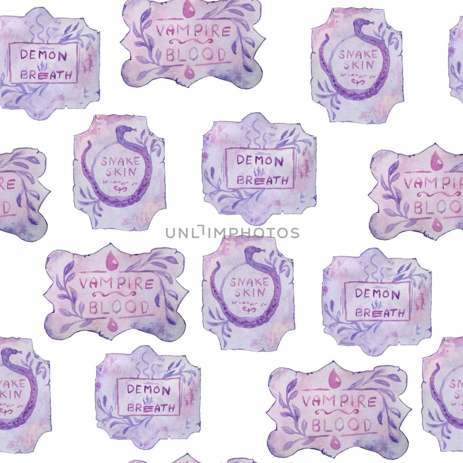 Watercolor hand drawn seamless pattern with apothecary potion labels purple witch forest herbs, leaves. Spooky horror witchcraft Halloween background. Wood mystic print