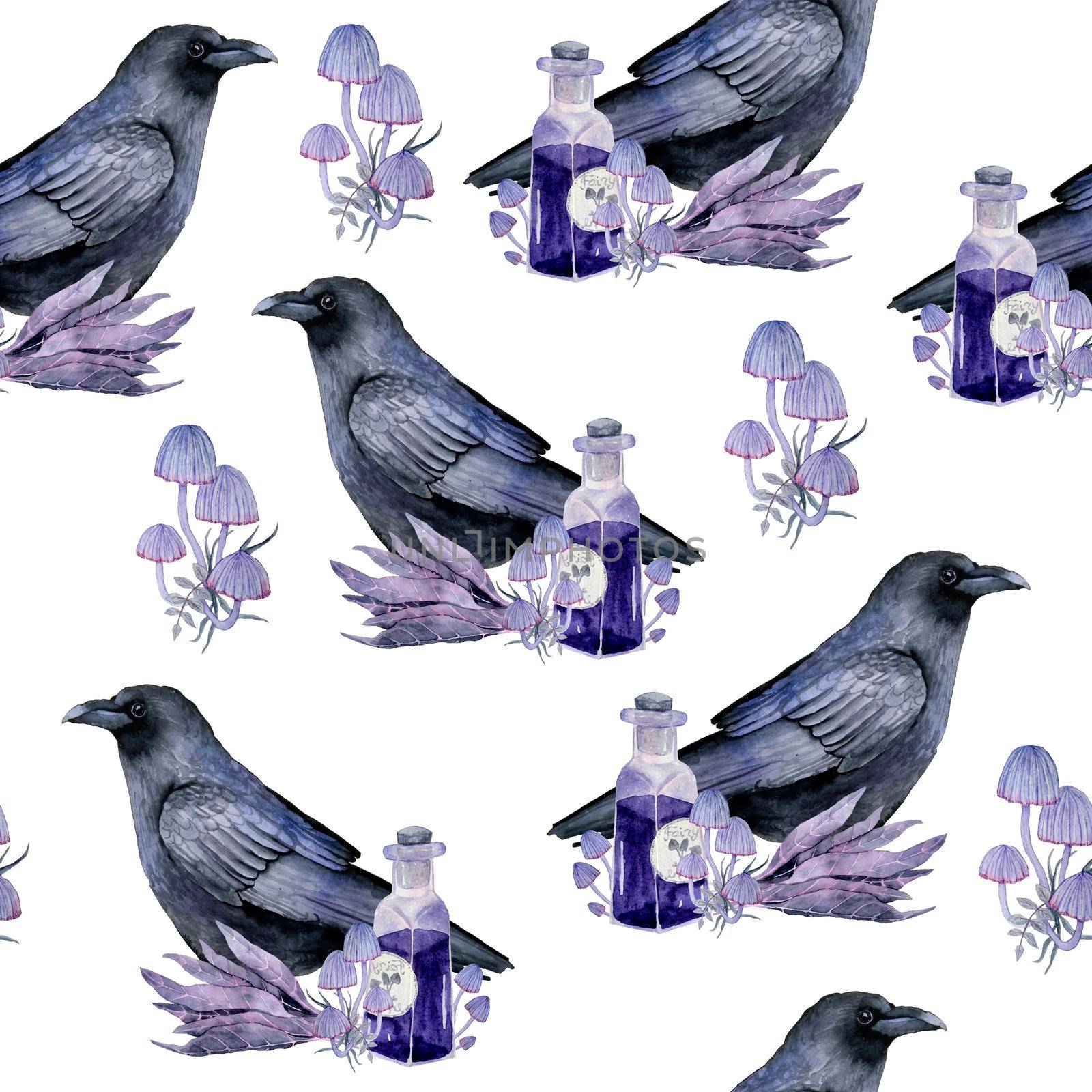 Watercolor hand drawn seamless pattern with black raven bird purple witch forest herbs, leaves. Spooky horror witchcraft Halloween background. Wood mystic print. by Lagmar