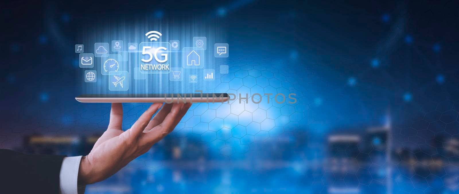 Business network communication concept. 5G Network Internet Mobile Wireless. 5g internet connects all activities in your hands shopping, finance, travel, location, contact, etc with copy space banner