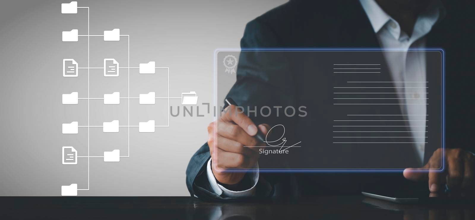 businessman use electronic pen sign signature on electronic  E-signing, data sheet document management, paperless office concept. Businessman using stylus pen signing e document on digital tablet.