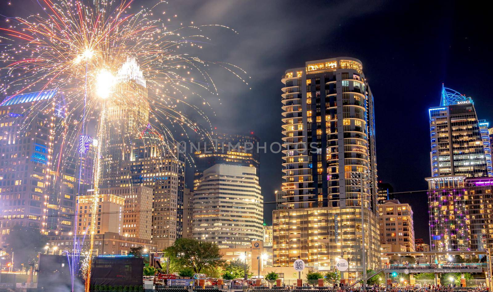 fireworks show over charlotte skyline post baseball game by digidreamgrafix