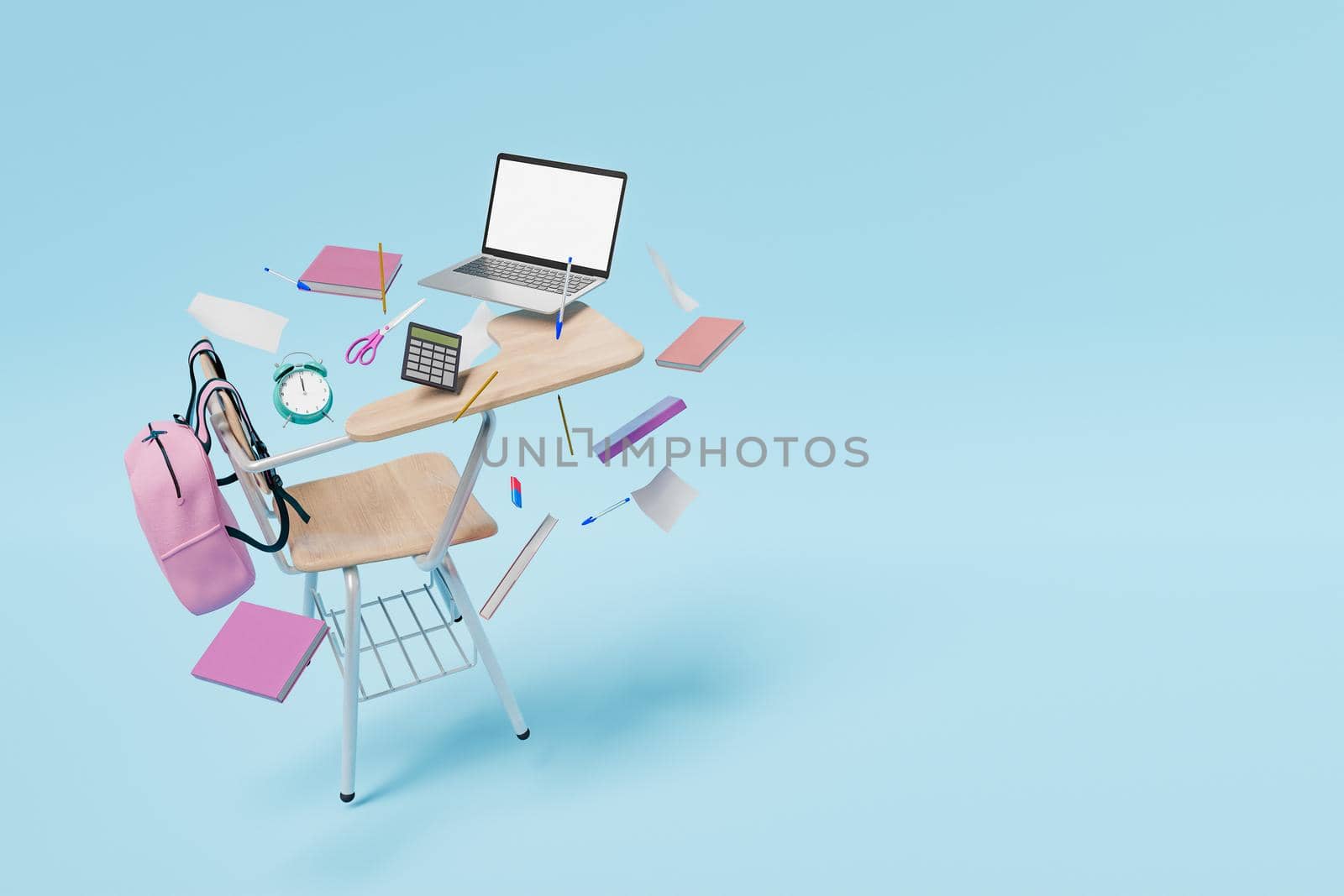 3D illustration of tilted school desk with flying stationery and netbook with blank screen against blue background