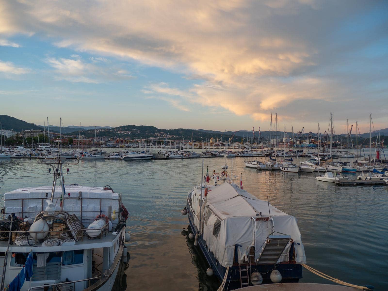 La Spezia, Italy - 9th july 2022 marina and city scenery at sunset in summertime by verbano