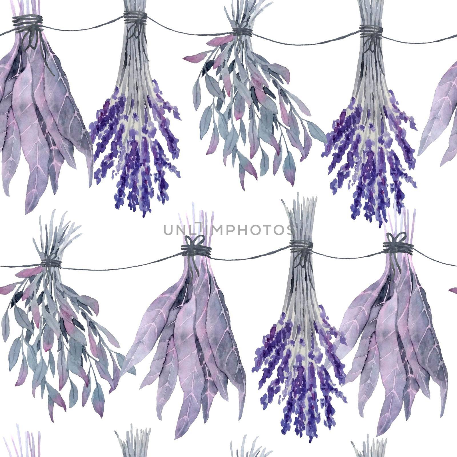 Watercolor hand drawn seamless pattern with purple witch forest poisonous herbs, leaves. Spooky horror witchcraft Halloween background. Wood mystic print