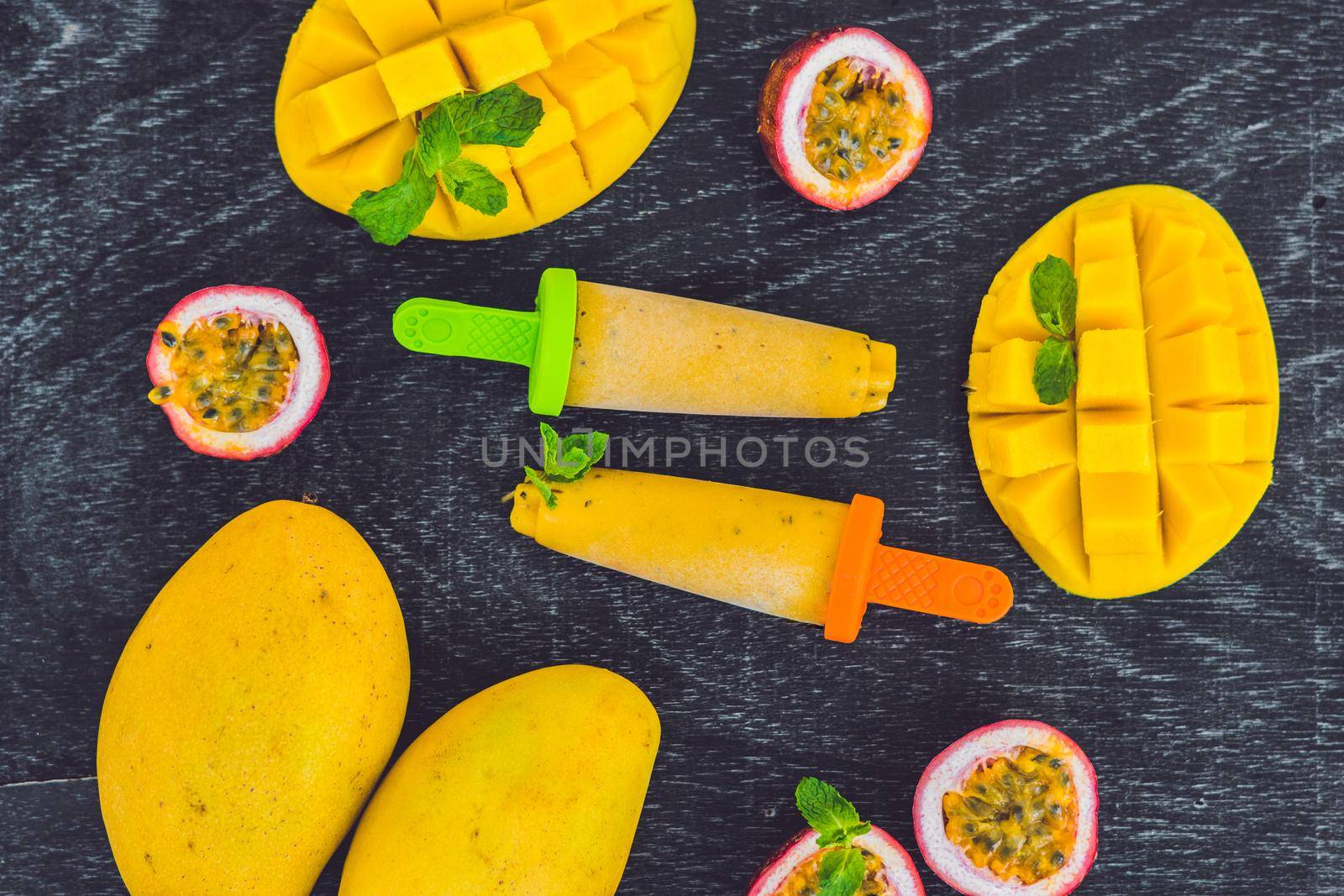 Homemade ice cream from mango and passion fruit Popsicle.