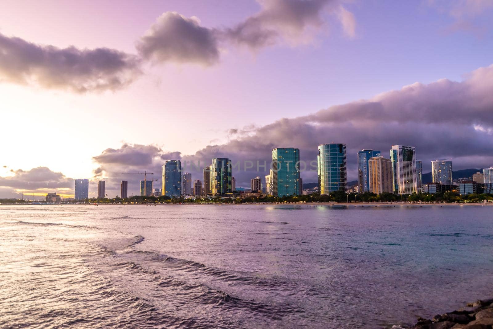 Sunset at Waikiki Beach on Oahu Hawaii by digidreamgrafix