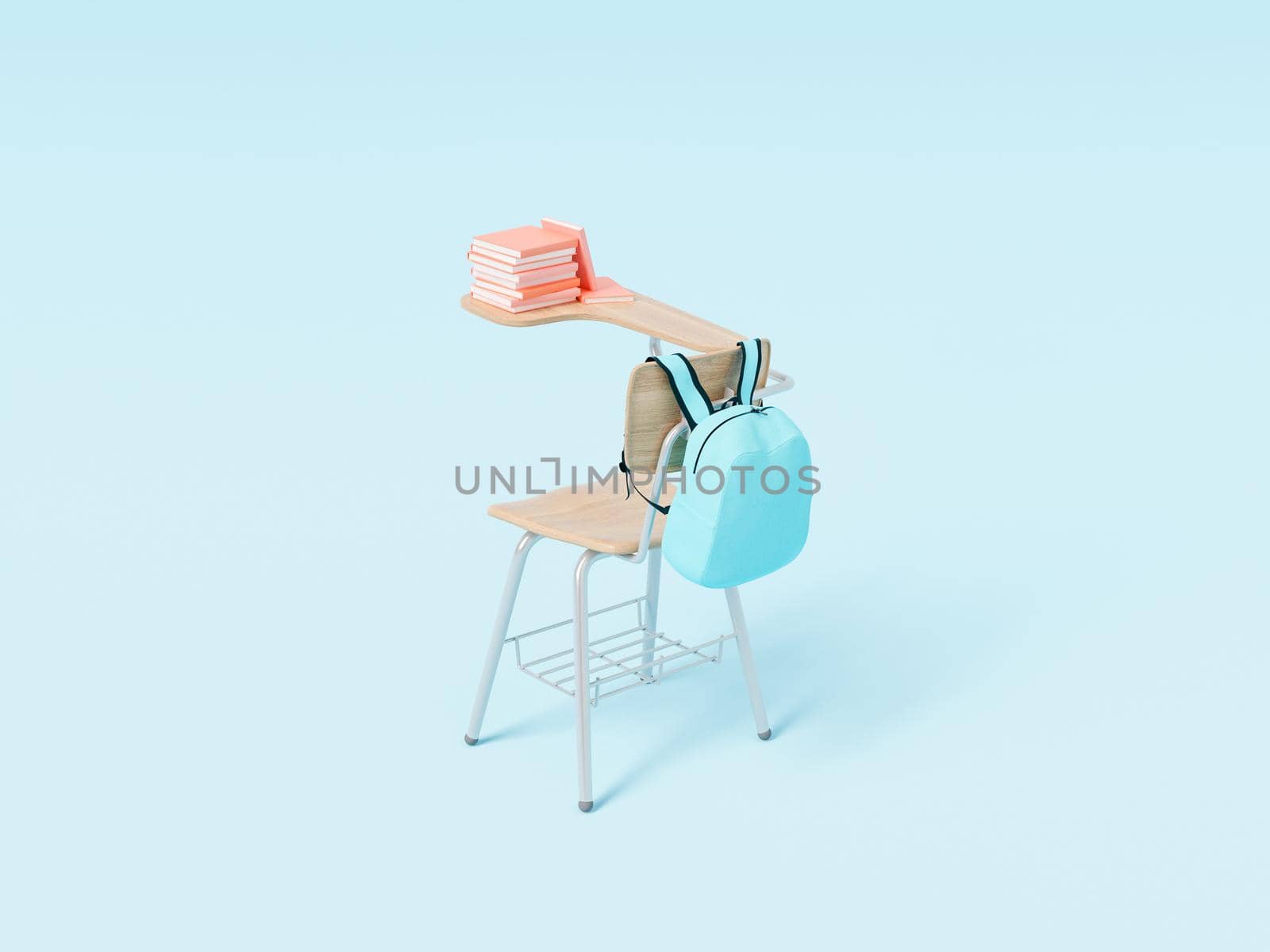 3D illustration of backpack and stack of books placed on chair with desk during lesson in school on blue background