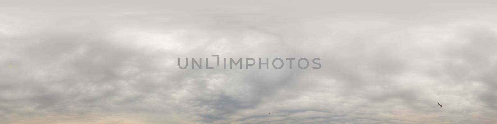 Overcast sky panorama on rainy day with Nimbostratus clouds in seamless spherical equirectangular format. Full zenith for use in 3D graphics, game and for aerial drone 360 degree panorama as sky dome. by Matiunina