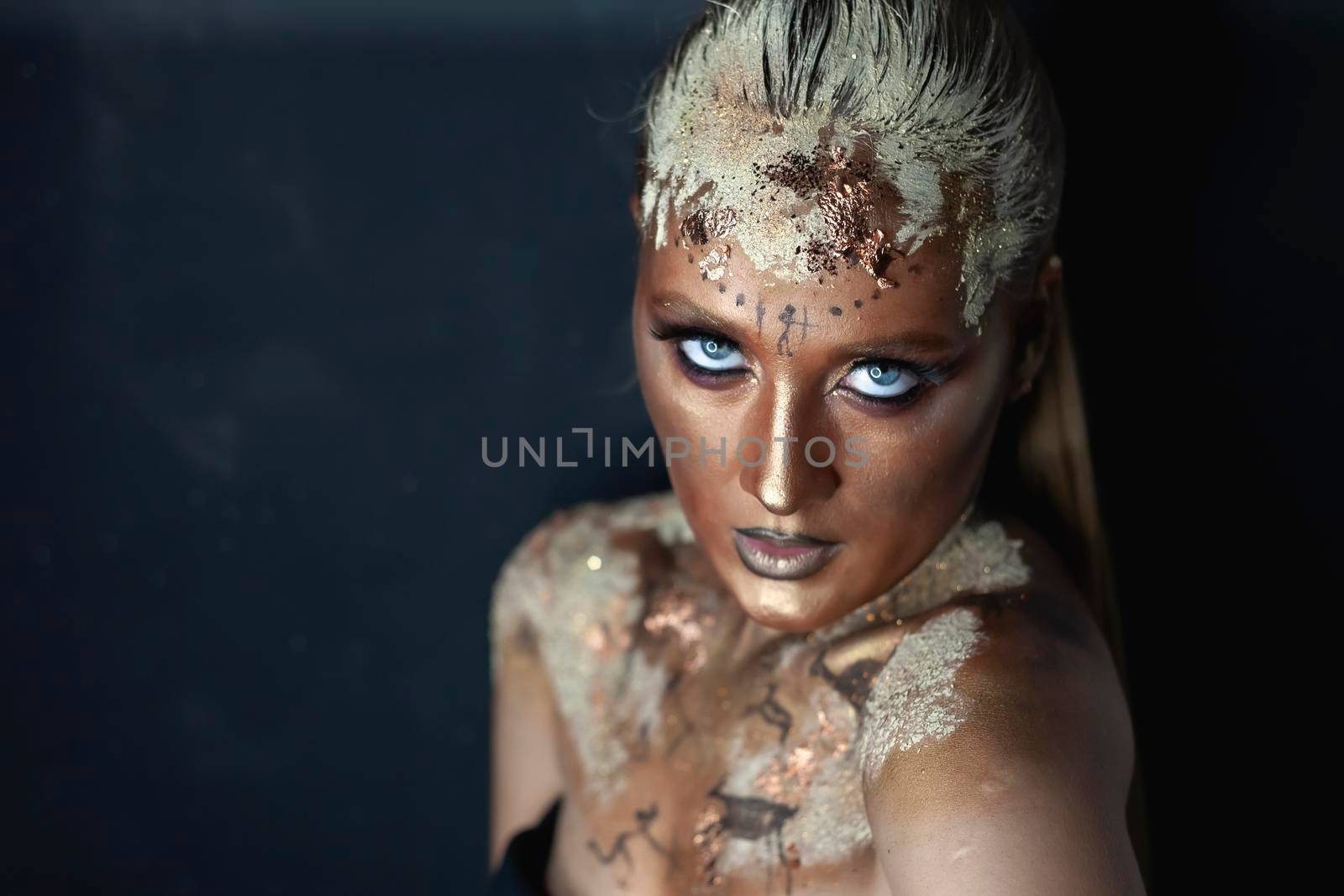 Creative makeup in the style of prehistoric cave painting by Multipedia