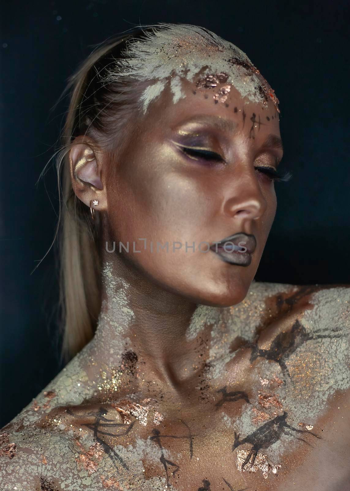 Creative makeup in the style of prehistoric cave painting by Multipedia