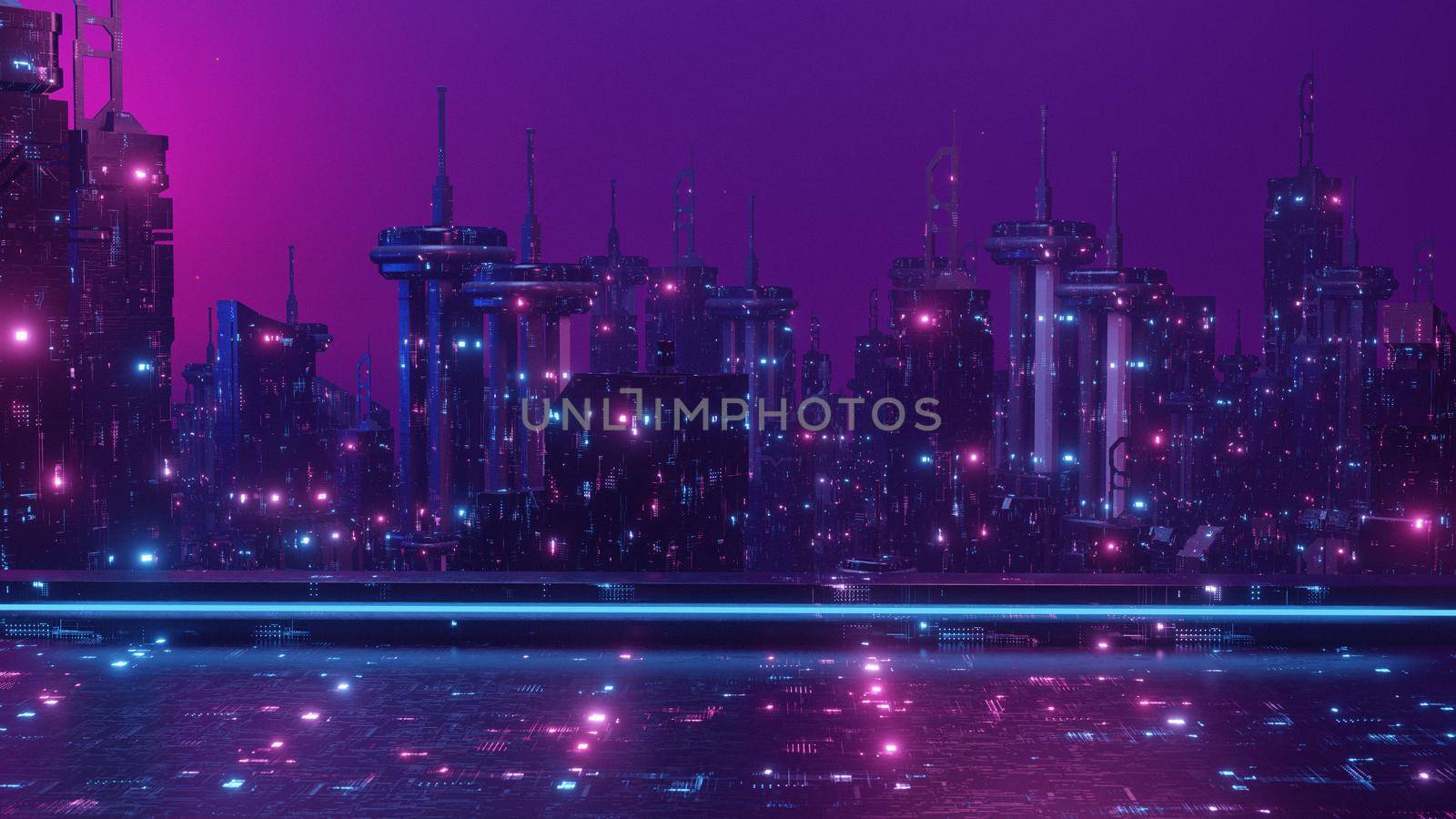 Abstract background purple neon grids city silhouette in vintage style 3d Render