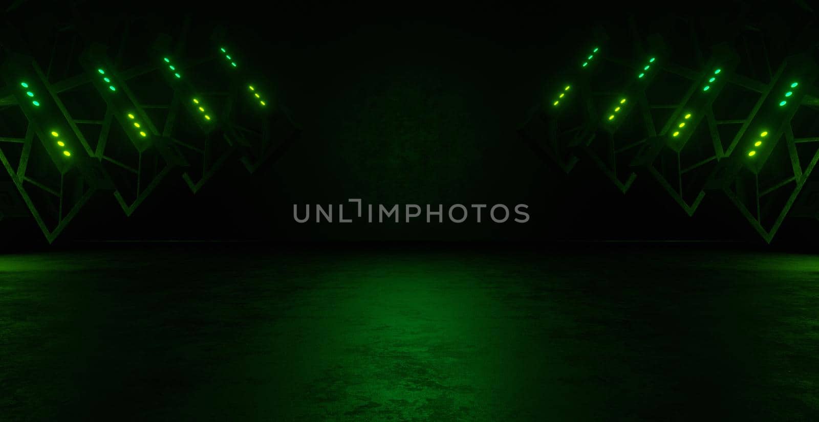 Surreal Technology Underground Hall Corridor Tunnel Led Lights Black Background Construction 3D Rendering