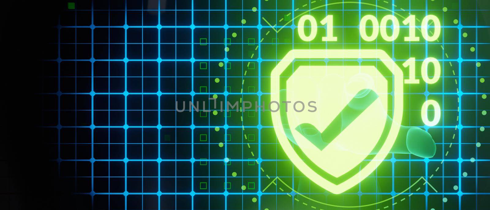 Cybersecurity binary shield check hand pressing banner background 3D Render by yay_lmrb