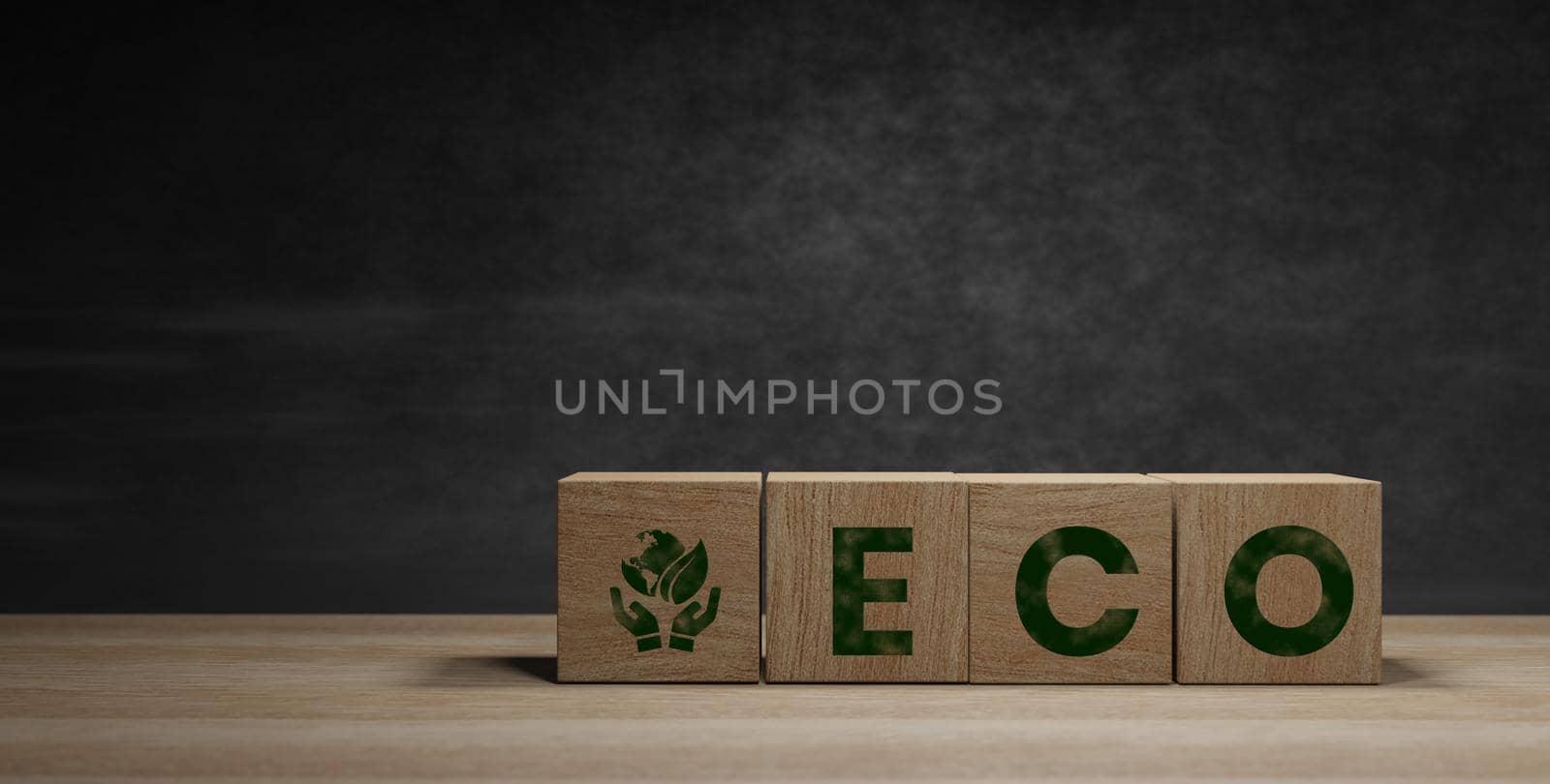 wooden blocks with the ecology symbol dark background and copy space ,world earth day and world environment day