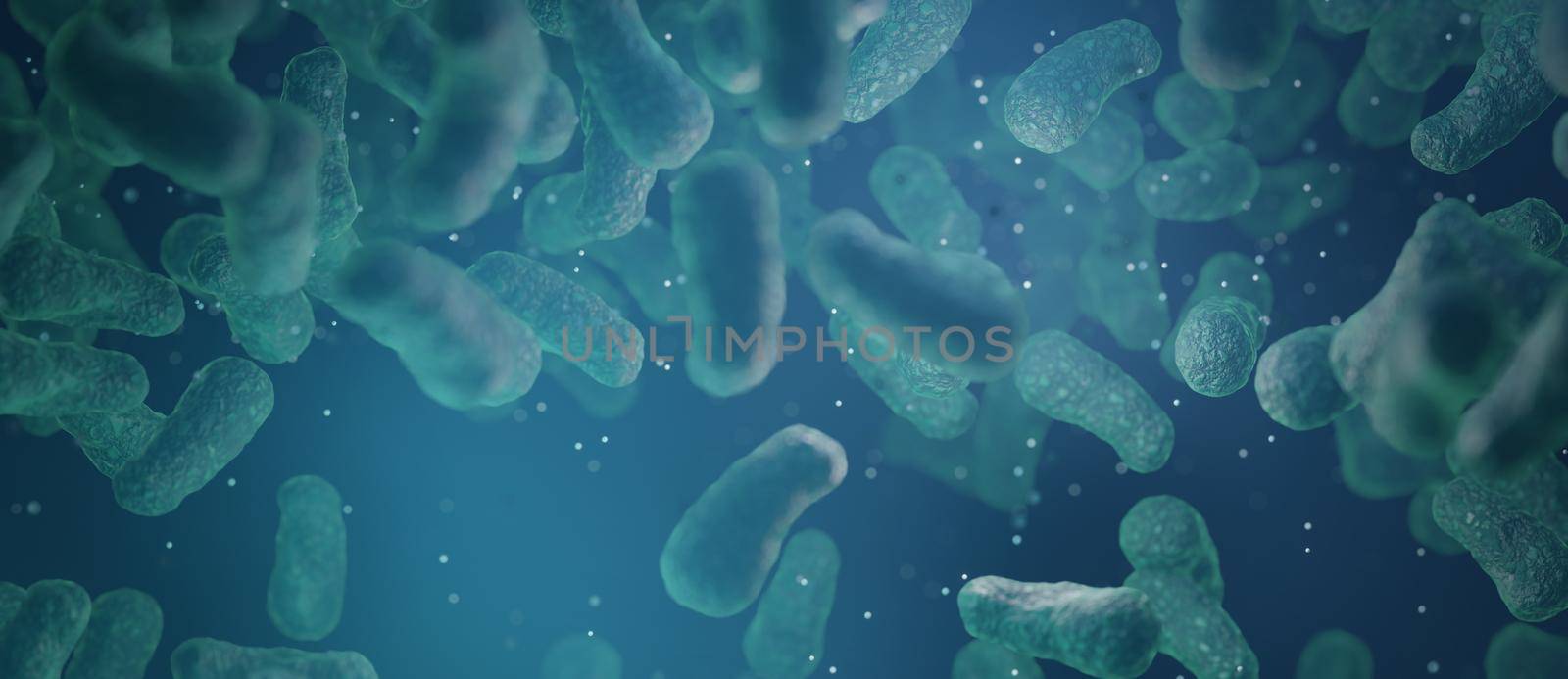 Close up of 3d microscopic blue bacteria background