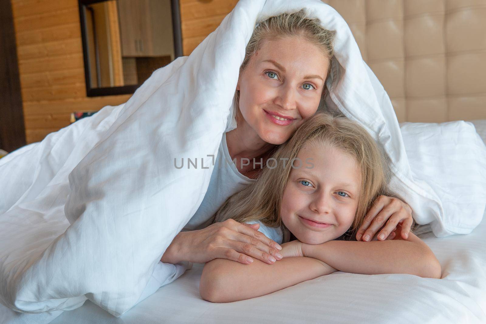 Blanket over family woman glad daughter bed head girl beautiful, for view bedroom for caucasian from people calm, rest positive. Beauty relaxation breathing, day by 89167702191