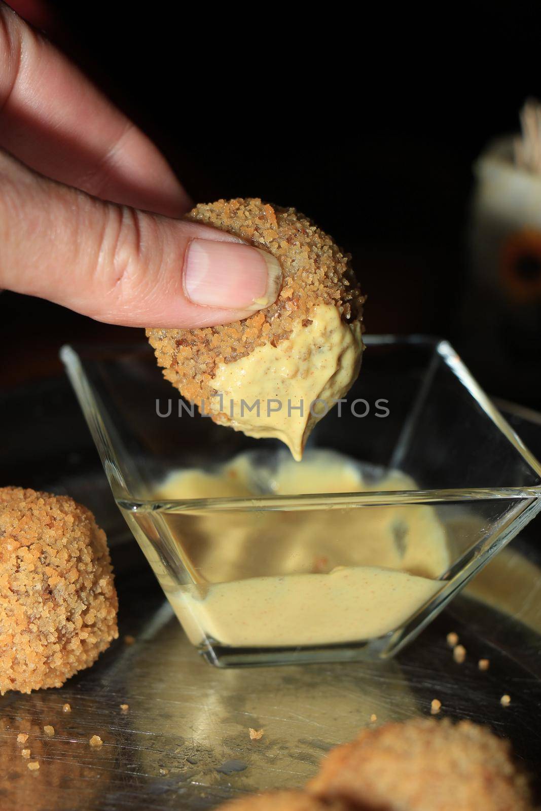 Bitterballen with mustard, warm fried snack, served in the Netherlands