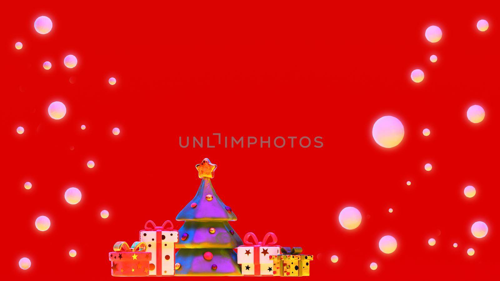 Christmas tree with gifts under falling snow. New Year clay pop illustration. Clipping path included. 3d render template for holiday poster.