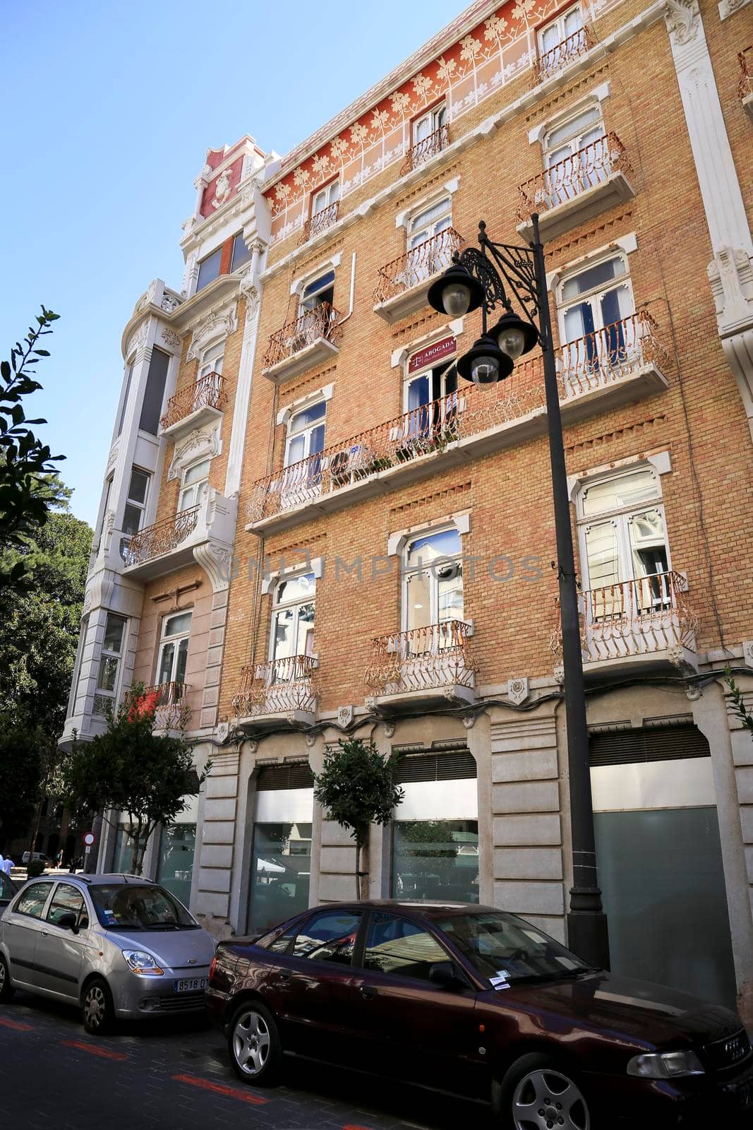 Cartagena, Murcia, Spain- July 18, 2022: Beautiful Modernist House facade next to San Francisco Square in Cartagena city