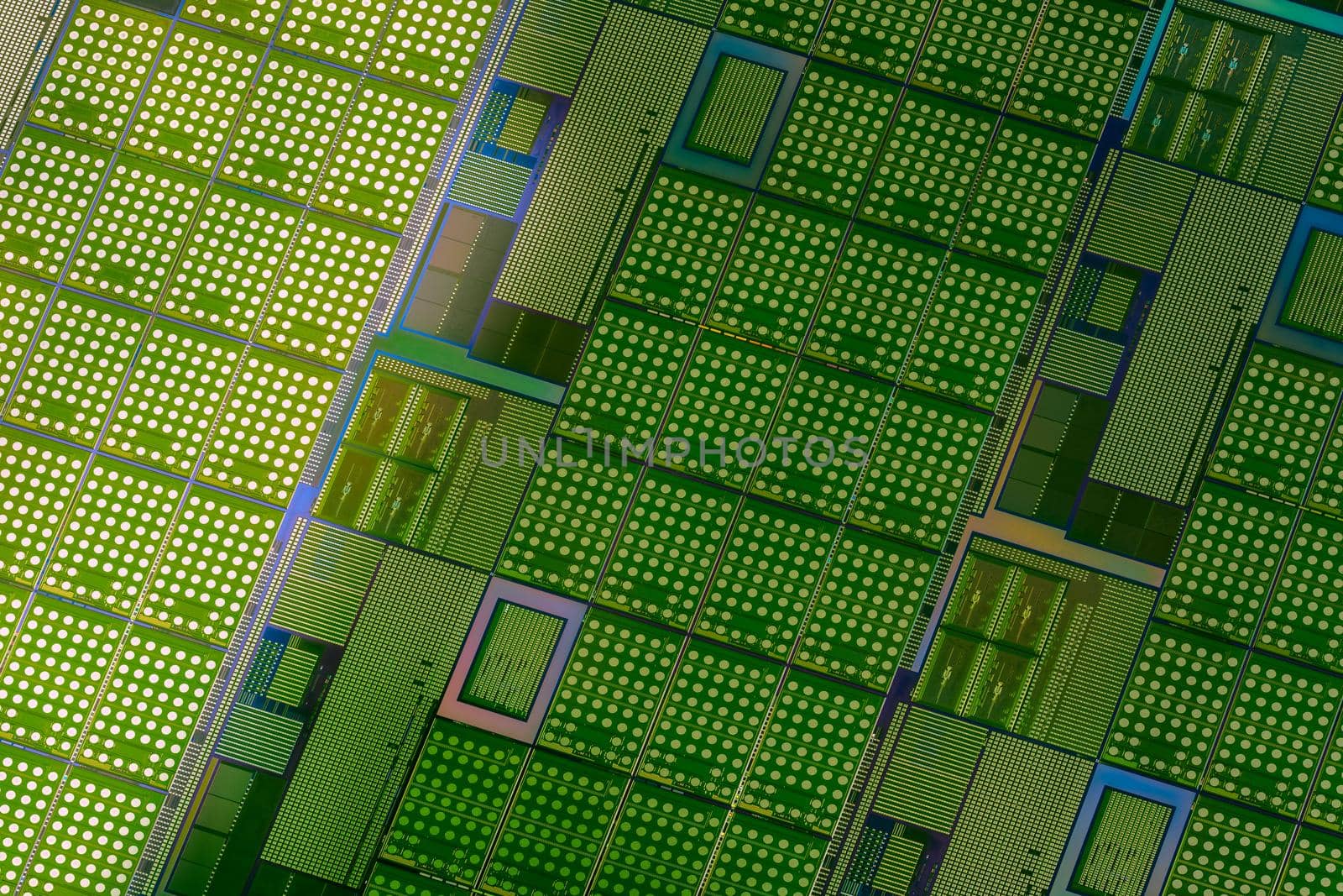 Silicon monocrystalline wafer with microchips after photolithography etching manufacturing used in fabrication of electronic integrated circuits. Full-frame high-tech macro background.