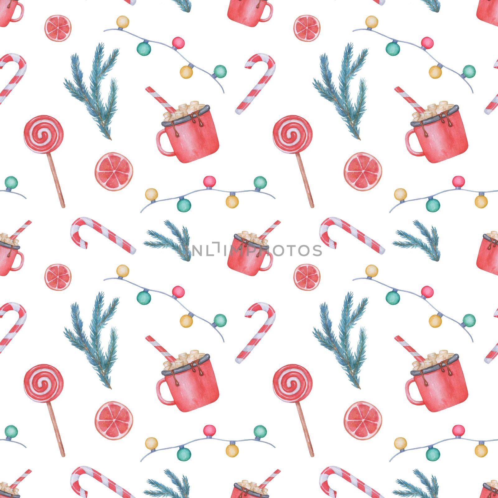 Watercolor Seamless pattern isolated on white background. Christmas cute elements on white.