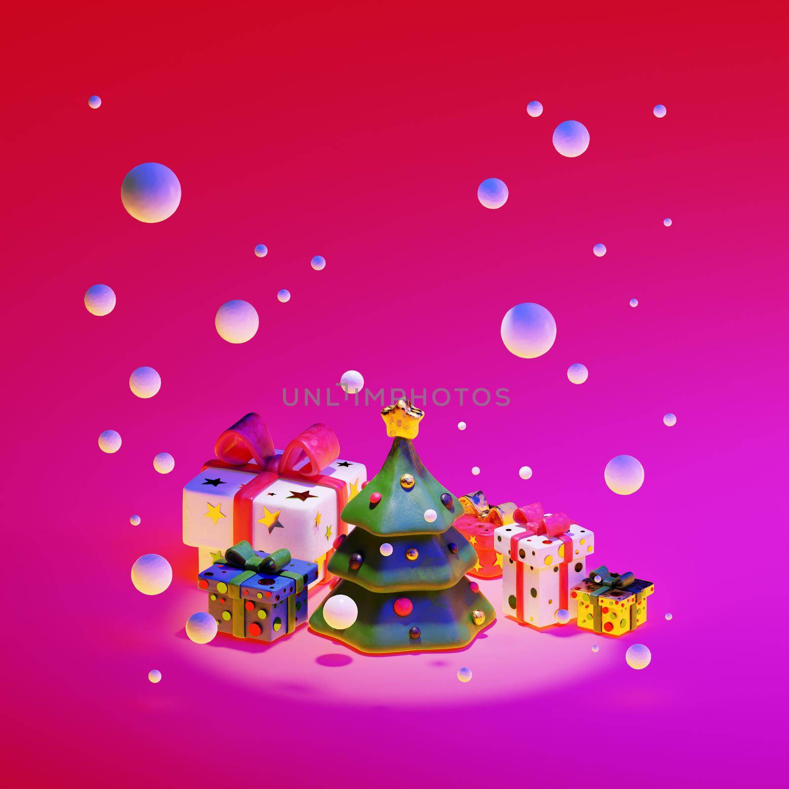 Christmas tree and gift boxes. New Year clay pop illustration. Clipping path included. 3d render template for holiday poster.