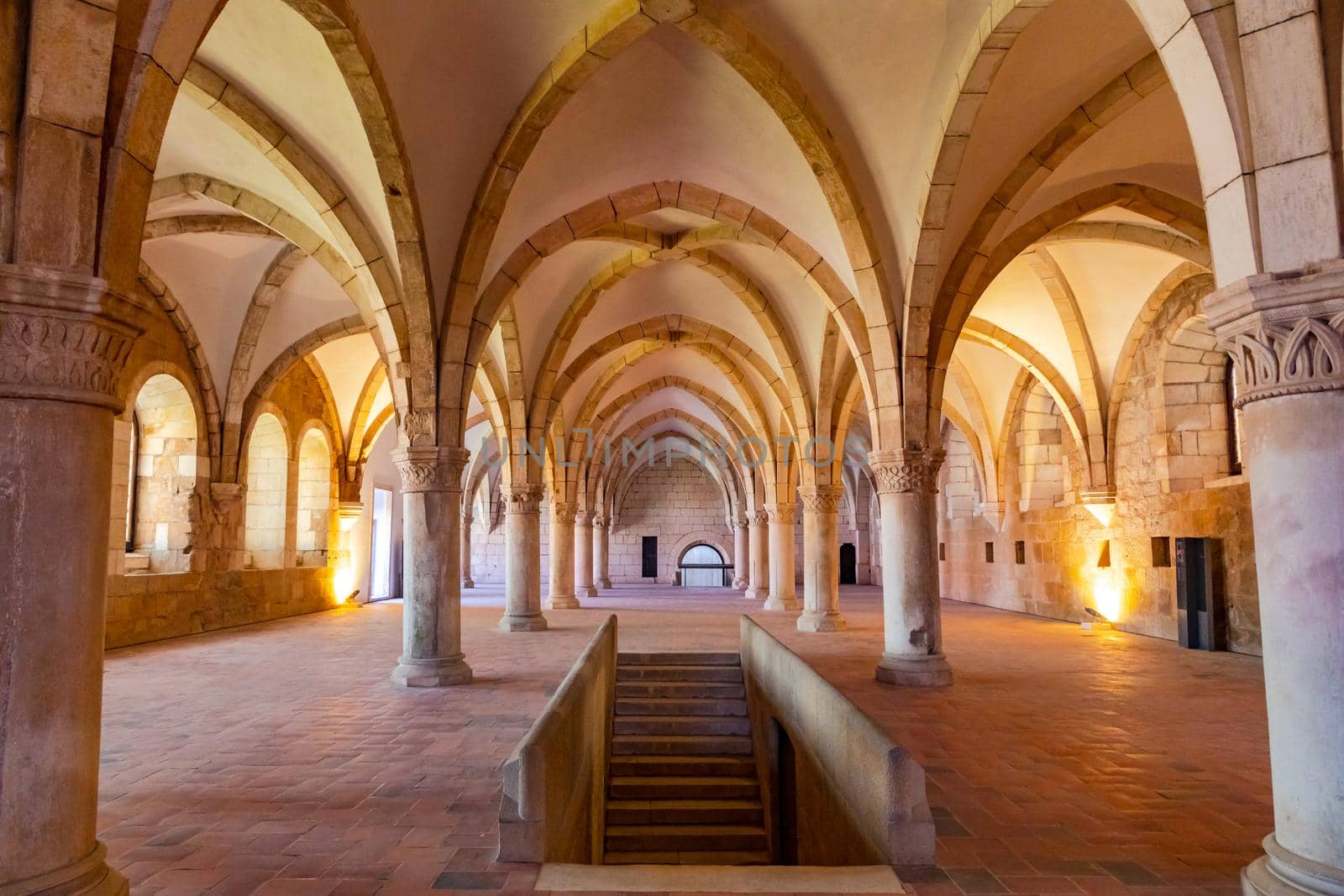 Staircase and hall with vaulted ceiling in the dormitory of the Mosteiro de Alcobaca in Portugal